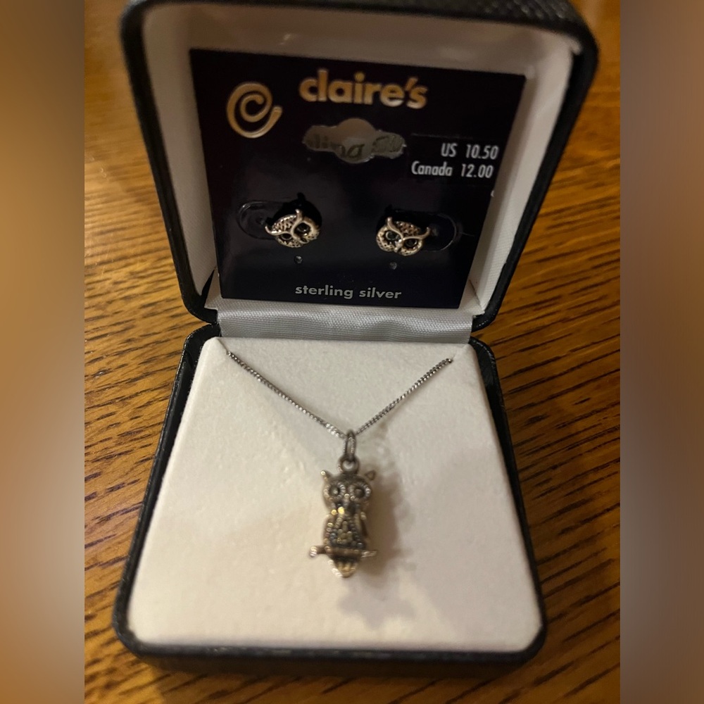 Brand new in box Claire's Sterling Silver Owl necklace and earrings. $10